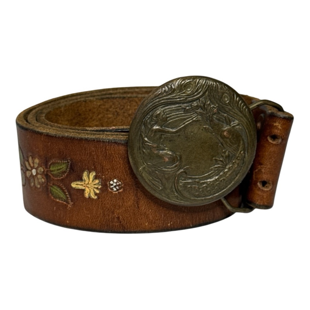 VINTAGE BERGAMOT BRASS WORKS WOMAN AND PEACOCK BUCKLE & BOHO FLORAL LEATHER BELT - Picture 10 of 10